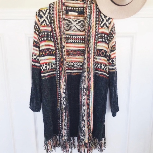 Western Fringe Hem Open Front Cardigan Soft Warm Sweater Multi Sizes NWT - Picture 7 of 13